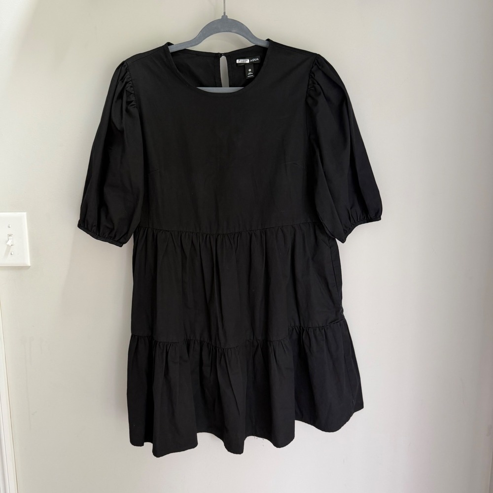 Aqua Black Puff‎ Volume Sleeve Short Dress Tiered Skirt 100% Cotton Size Small